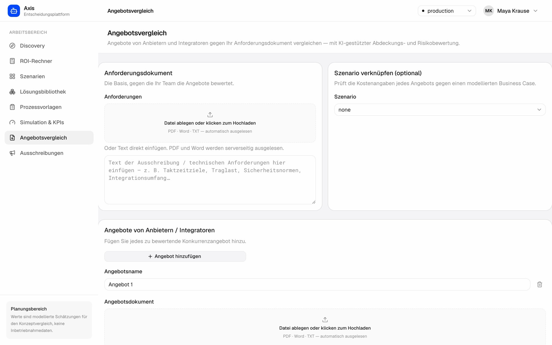 Axis Angebotsvergleich — Oberfläche